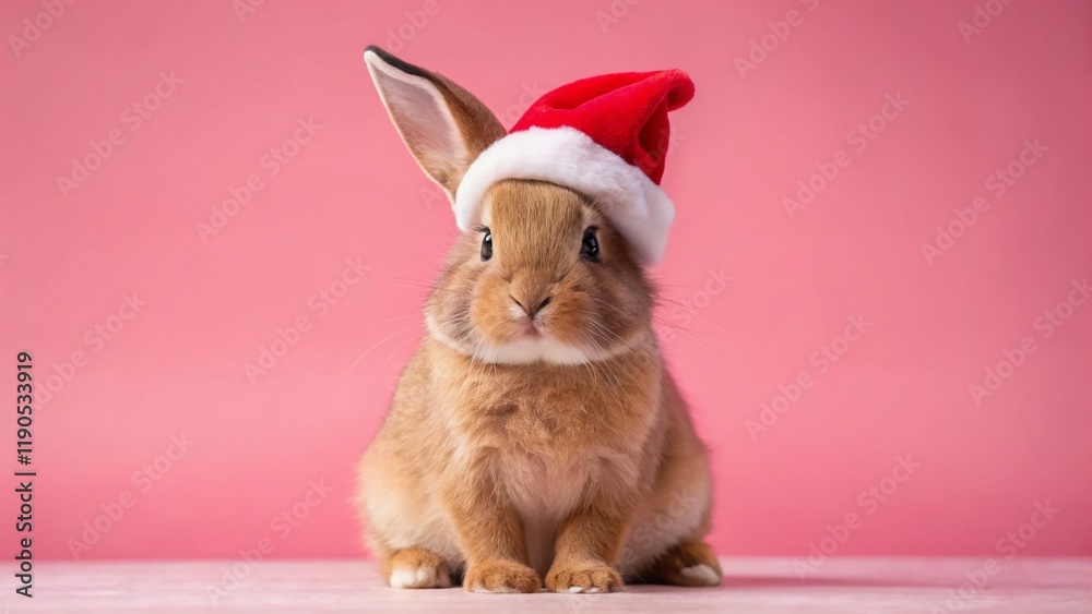 Fototapeta premium Cute Brown Bunny in Santa Hat on Pink Background - Christmas Stock Photo