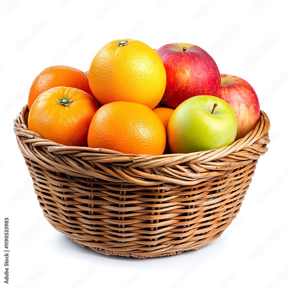 A basket filled with apples and oranges, isolated on a white background. A basket filled with apples and oranges, isolated on a white background.