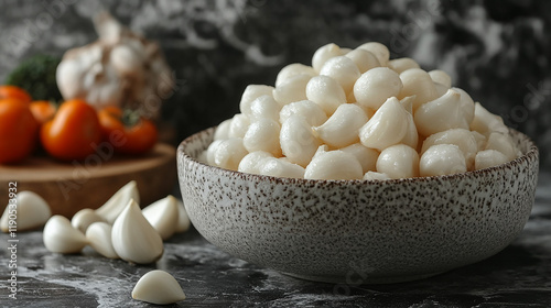 A bowl full of peeled garlic cloves with a rustic and textured grey bowl and background