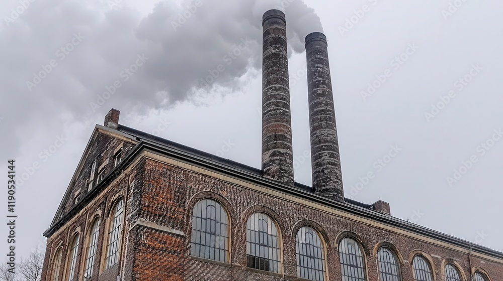 Fototapeta premium Industrial facility emitting smoke urban setting overcast conditions ground level environmental impact