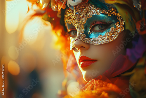 Venice Carnival. Portrait of a young woman close up, woman wearing a colorful mask with glitter and a traditional carnival costume. Famous Italian festival. Warm colors.