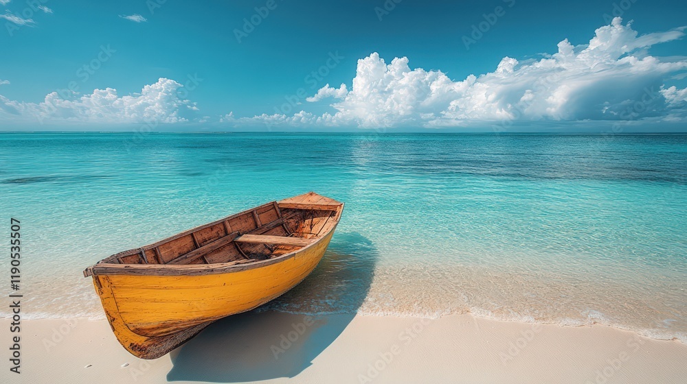 Yellow rowboat on idyllic beach, turquoise water, sunny sky. Yellow rowboat on idyllic beach, turquoise water, sunny sky.