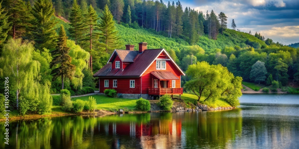 A stunning red house with a sloping roof and chimney standing on a hill overlooking a serene lake with lush greenery and trees A stunning red house with a sloping roof and chimney standing on a hill overlooking a serene lake with lush greenery and trees