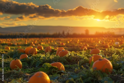 A vast pumpkin patch bathed in the golden light of a setting sun, A pumpkin patch with a golden sunset in the background