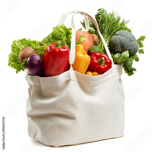 A reusable grocery bag filled with fresh produce, isolated on a white background. photo