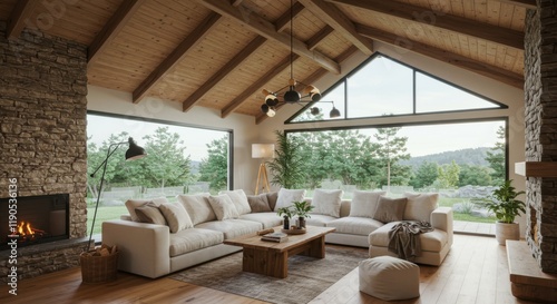 Wallpaper Mural rustic modern living room, vaulted wooden ceiling, exposed beams, large panoramic windows, countryside view, stone walls, cozy white sofas, round coffee table, minimalist decor, fireplace, natural lig Torontodigital.ca