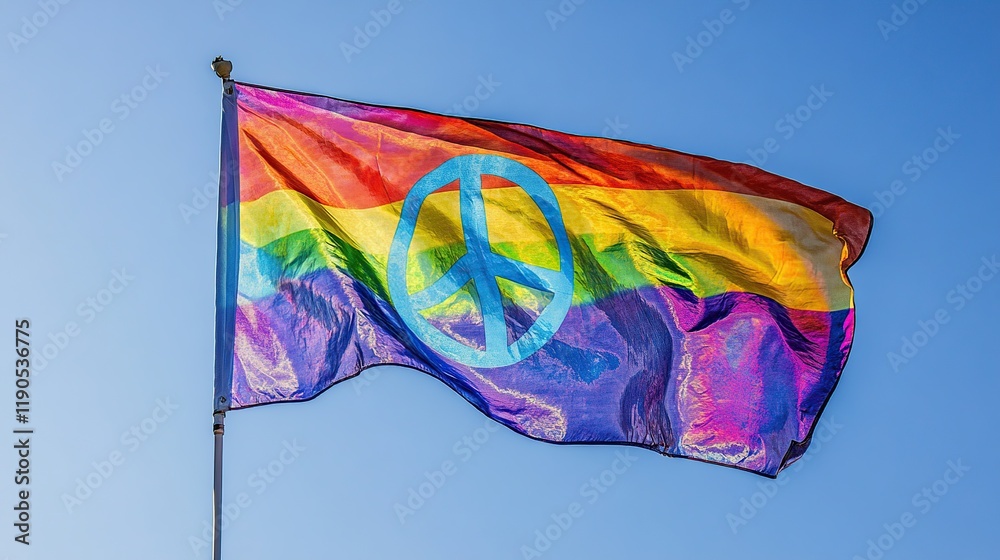 Fototapeta premium Rainbow peace flag waving in blue sky.