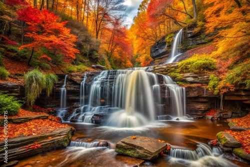 Autumn Waterfall at Ricketts Glen State Park, Pennsylvania - Vivid Fall Foliage