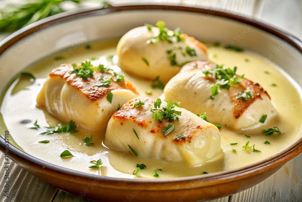 Delicate Fish Quenelles in Creamy Sauce - Gourmet Food Photography