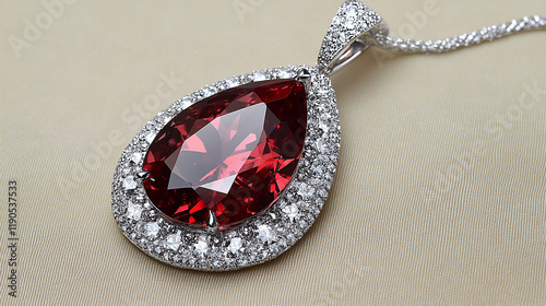 A tear drop shaped pendant hangs from a delicate chain