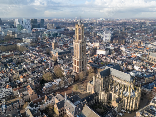 Fototapeta Naklejka Na Ścianę i Meble -  Aerial drone photo of the dom tower in the city center of Utrecht, the Netherlands.