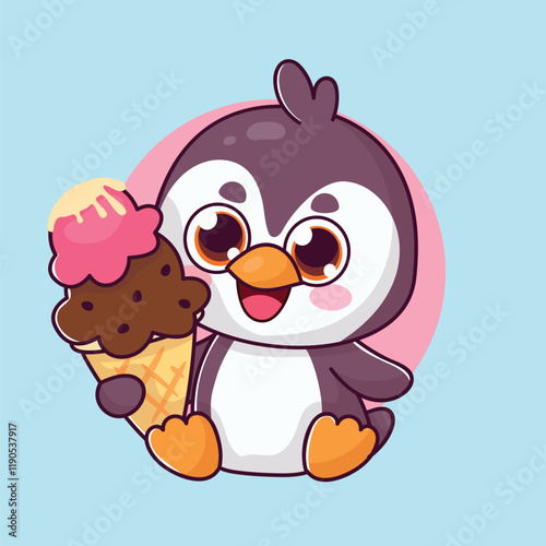 Cute Penguin Chicken Mascot Holding Ice Cream