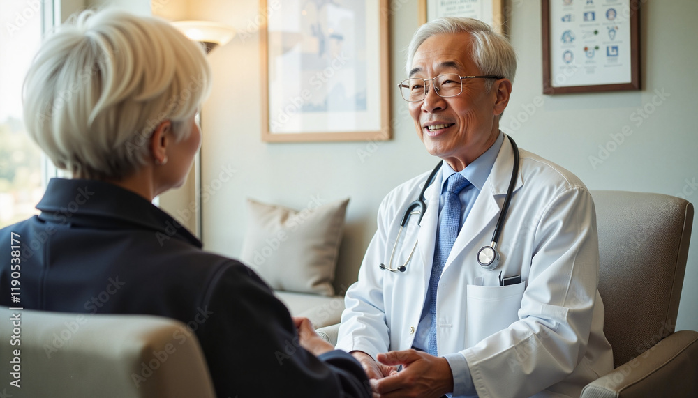 Elderly Asian doctor smiling while consulting with a patient, medical care Elderly Asian doctor smiling while consulting with a patient, medical care