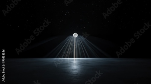 Radiant beams of light emanating from a luminous moon, stars sparkling vividly in a serene celestial display