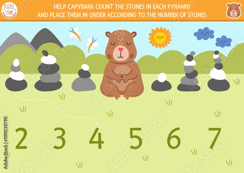 Match the numbers capybara game with stone pyramids. Capibara math activity for preschool kids. Educational counting worksheet with cute animal, rock garden and nature landscape