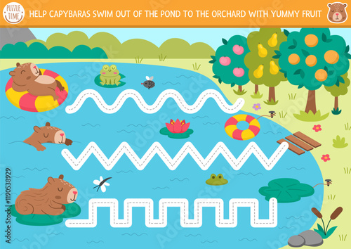 Vector handwriting practice worksheet with capybara. Printable activity for preschool kids with cute animals. Tracing game for writing skills. Help capibaras swim off the pond to orchard