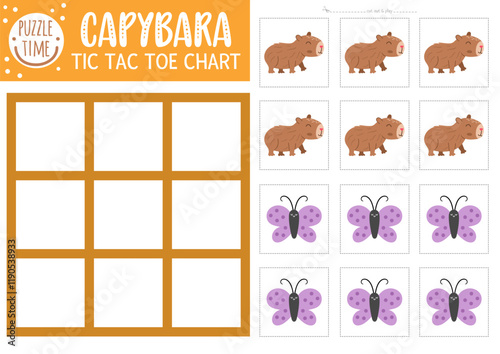 Vector capybara tic tac toe chart with cute animal and butterfly. Capibara board game playing field with cute characters. Funny printable worksheet. Noughts and crosses grid