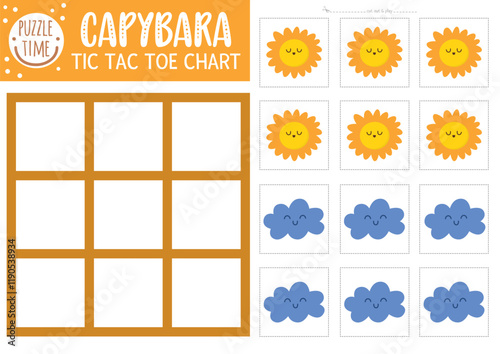 Vector capybara tic tac toe chart with cute kawaii sun and cloud. Capibara board game playing field with cute characters. Funny printable worksheet. Noughts and crosses grid