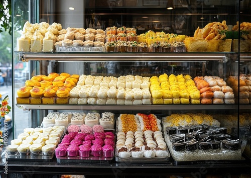 A Colorful Display of Assorted Pastries and Desserts in a Bakery Showcase Featuring Various Sweet Treats and Delicacies for All Occasions