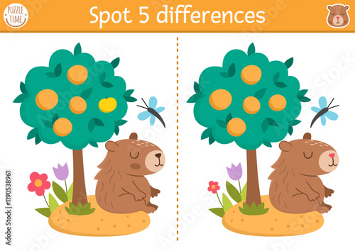 Find differences game for children. Capybara educational activity with cute animal sitting under tangerine tree. Puzzle for kids with capibara. Printable worksheet or page for logic, attention