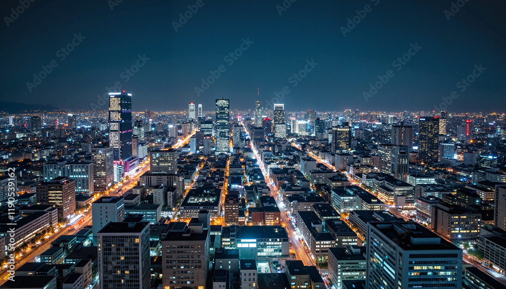 Fototapeta premium Stunning aerial view of bustling city lights at night, urban vibrancy