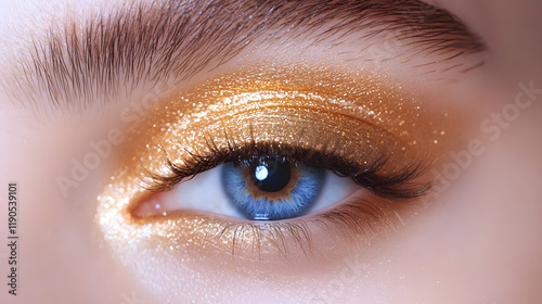 Close-up of a person’s eye with perfect makeup and long eyelashes, close up of eye with eyes