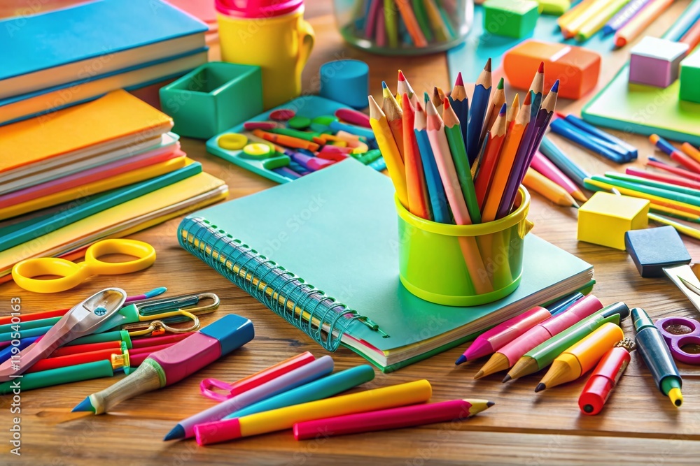 Fototapeta premium Back to School: Candid Shot of Colorful School Supplies with Blank Space for Greeting