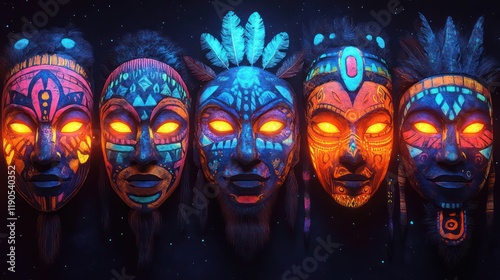 Glowing Tribal Masks: A Mystical Digital Art photo