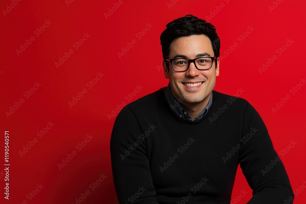 Charming Portrait of a Smiling Man in His Late Thirties with a Vibrant Red Background Charming Portrait of a Smiling Man in His Late Thirties with a Vibrant Red Background