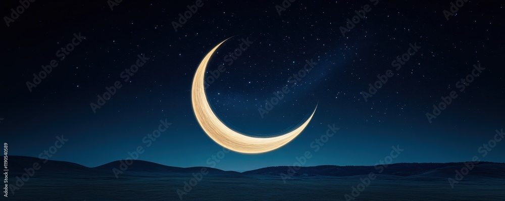 Naklejka premium Ethereal trails spiraling around a glowing crescent moon, vibrant stars illuminating the celestial expanse