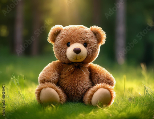A cute brown teddy bear sits on green grass in a garden with beautiful golden sunlight and bokeh effects in the background.