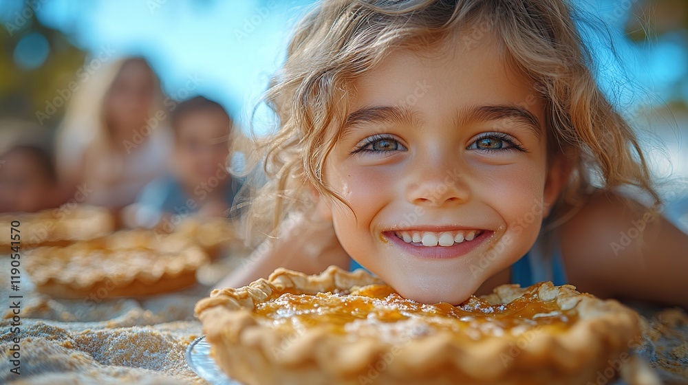 Happy child's face close-up, leaning on a delicious pie outdoors with friends blurred in background. Happy child's face close-up, leaning on a delicious pie outdoors with friends blurred in background.
