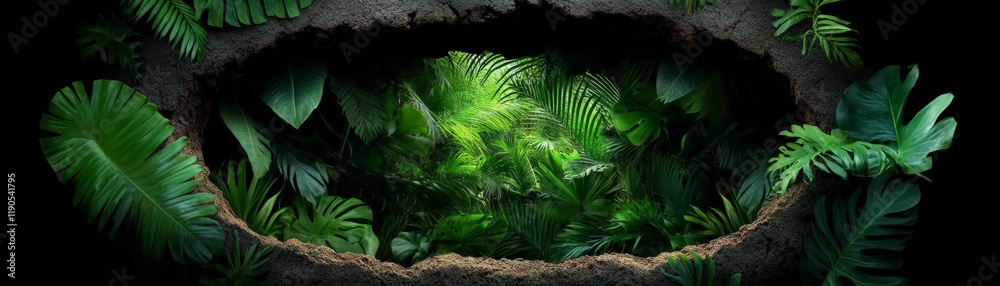 Jungle Oasis: Lush, vibrant tropical foliage bursts forth from a dark cave, creating a dramatic contrast of light and shadow. Jungle Oasis: Lush, vibrant tropical foliage bursts forth from a dark cave, creating a dramatic contrast of light and shadow.