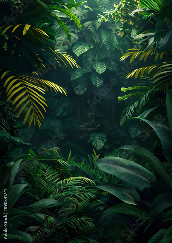 Lush Tropical Foliage with Sunlight Filtering Through in a Mystical Rainforest