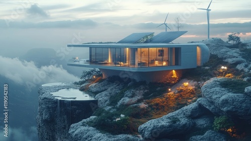 A high-tech minimalist house perched on a rocky outcrop with solar panels and wind turbines nearby, 8k, realistic, full ultra HD, high resolution, cinematic photography photo