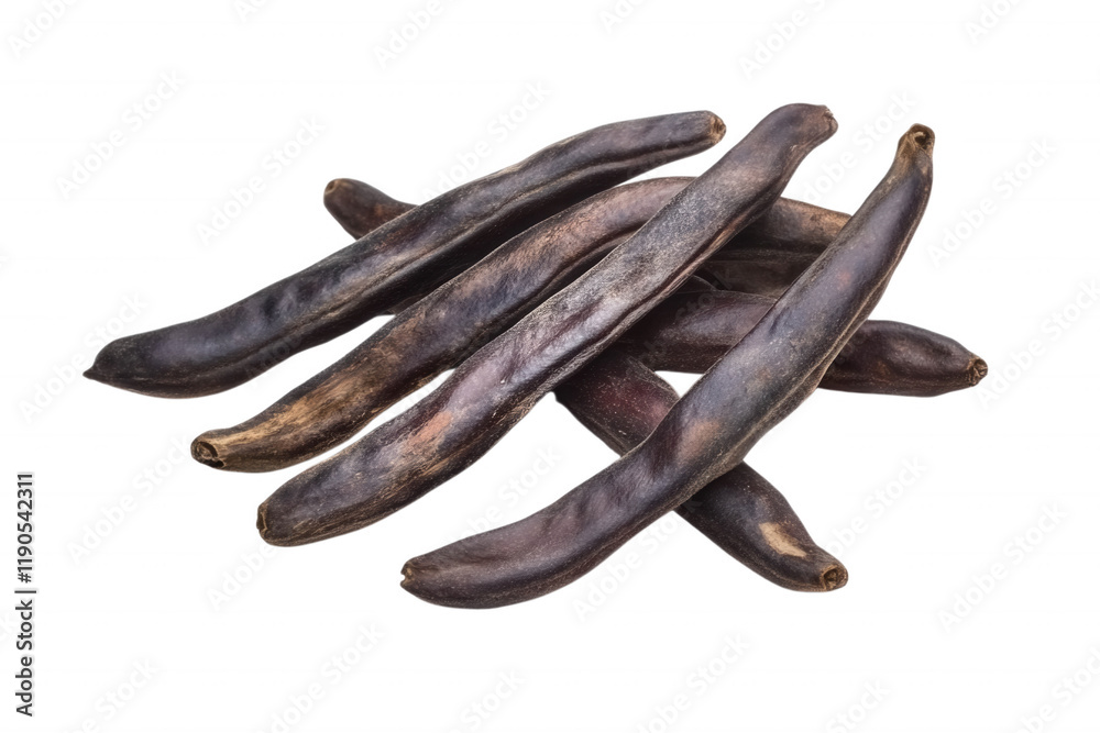 Raw carob pods, showcasing their unique brown color and elongated shape, isolated on transparent or white background Raw carob pods, showcasing their unique brown color and elongated shape, isolated on transparent or white background
