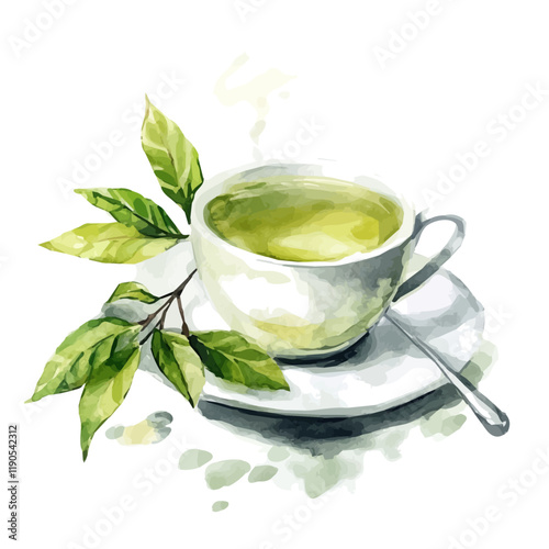 A watercolor vector of Green Tea, isolated on a white background. Green Tea vector.
