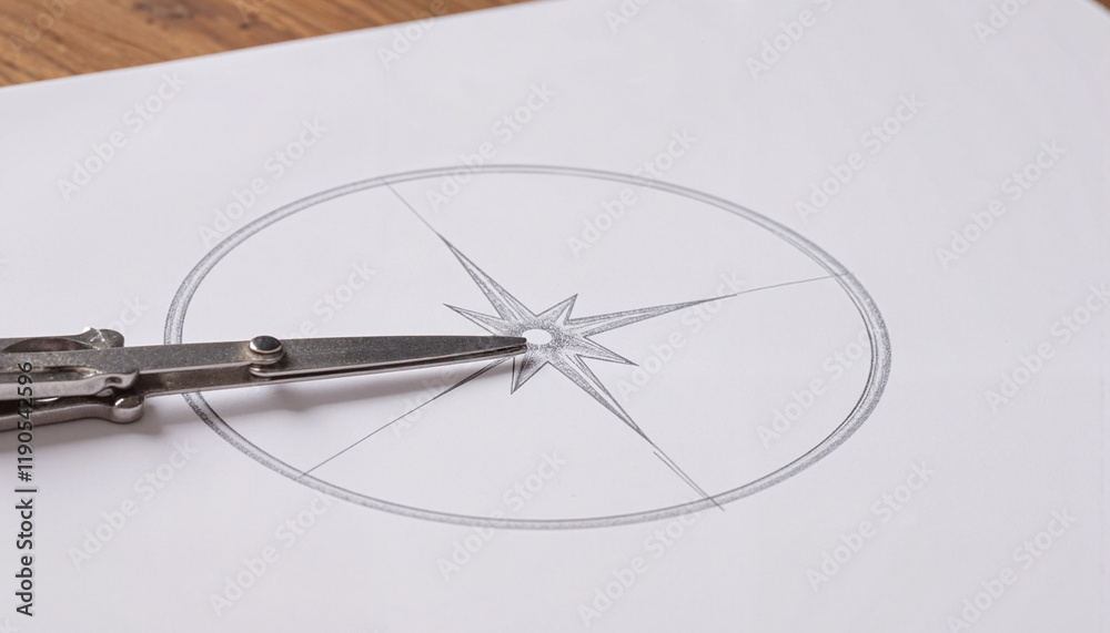 Fototapeta premium Shiny silver compass drawing perfect circle on white paper, precision art