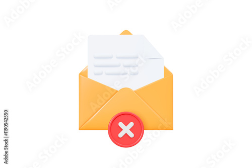 3D Open yellow envelope with letter and red cross mark. Deleted information. Incorrect document. Unsubscribe from news. Reject email. Warning message. Cartoon design icon. 3D Vector illustration