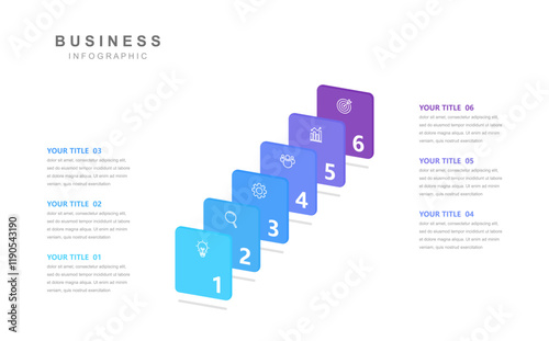 Timeline infographic template, business information with 6 options and icons for workflow, design presentation and data visualization, vector illustration.