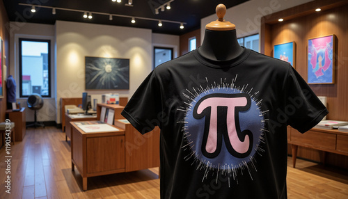 Creative Pi symbol T-shirt design on mannequin in bright store, Pi Day photo