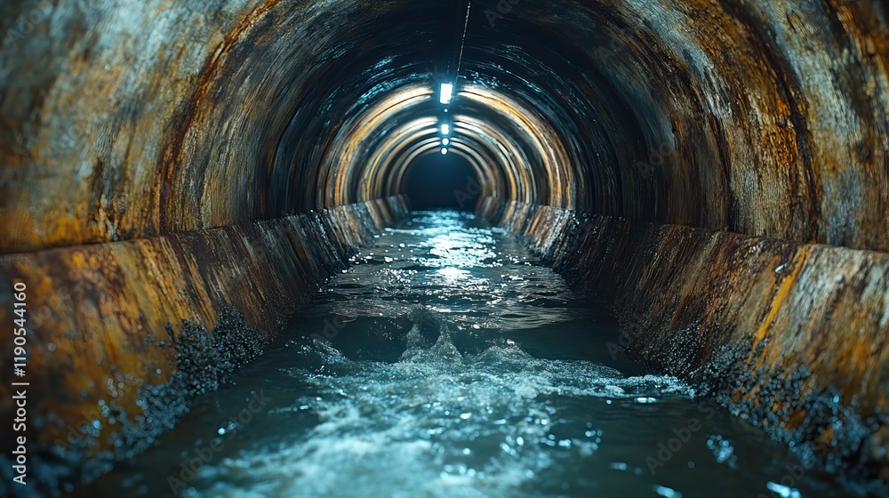 Fototapeta premium An underground oil pipeline featuring black and blue pipes with water flowing through a dirty tunnel