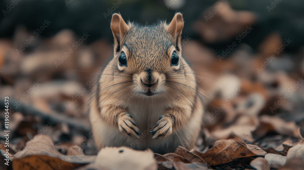 Cute squirrel foraging in the forest during autumn surrounded by colorful fallen leaves Cute squirrel foraging in the forest during autumn surrounded by colorful fallen leaves