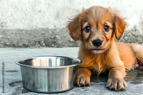 Abandoned puppy lost and hungry beside empty dog bowl in street, begging for human help.  photo