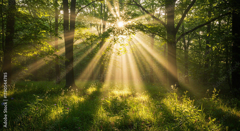 Obraz premium A captivating scene of sunlight filtering through the trees, creating a magical and ethereal ambiance, with a sunbeam piercing through a dense forest