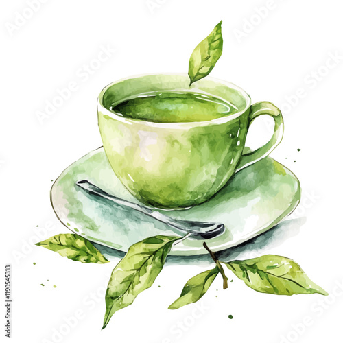 A watercolor drawing of Green Tea, isolated on a white background. Green Tea vector.
