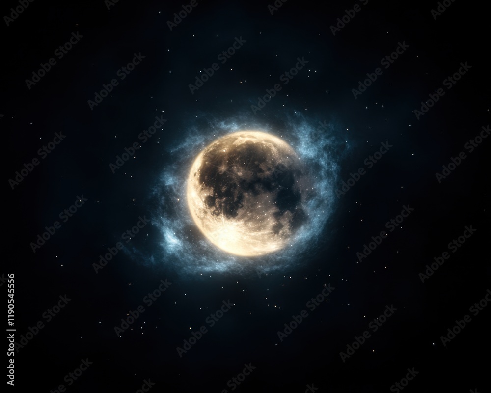 Fototapeta premium Radiant stars clustering around a glowing moon, ethereal beams weaving a celestial masterpiece