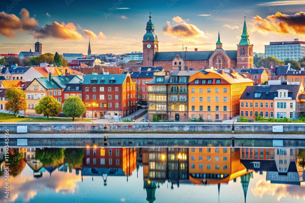 Obraz premium Double Exposure: Cityscape Landskrona Sweden Search Bar Overlay