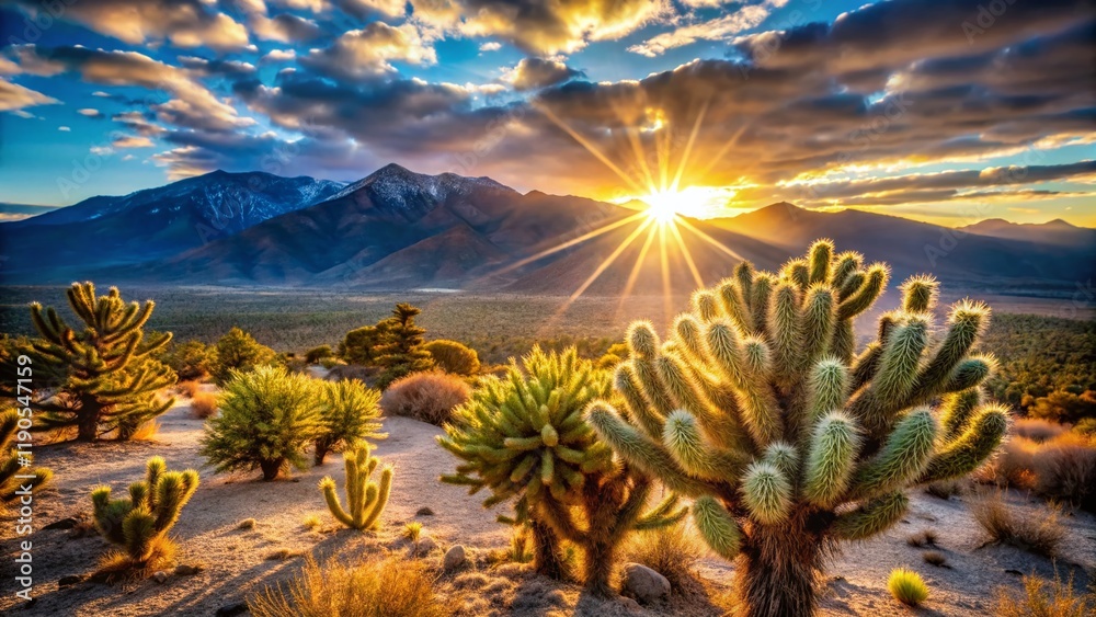 Fototapeta premium Double Exposure: Sunlit Cholla Cactus & Sandia Mountains, Santa Ana Pueblo, New Mexico