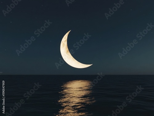 A glowing crescent moon casting radiant beams, vibrant stars illuminating the serene nightscape photo